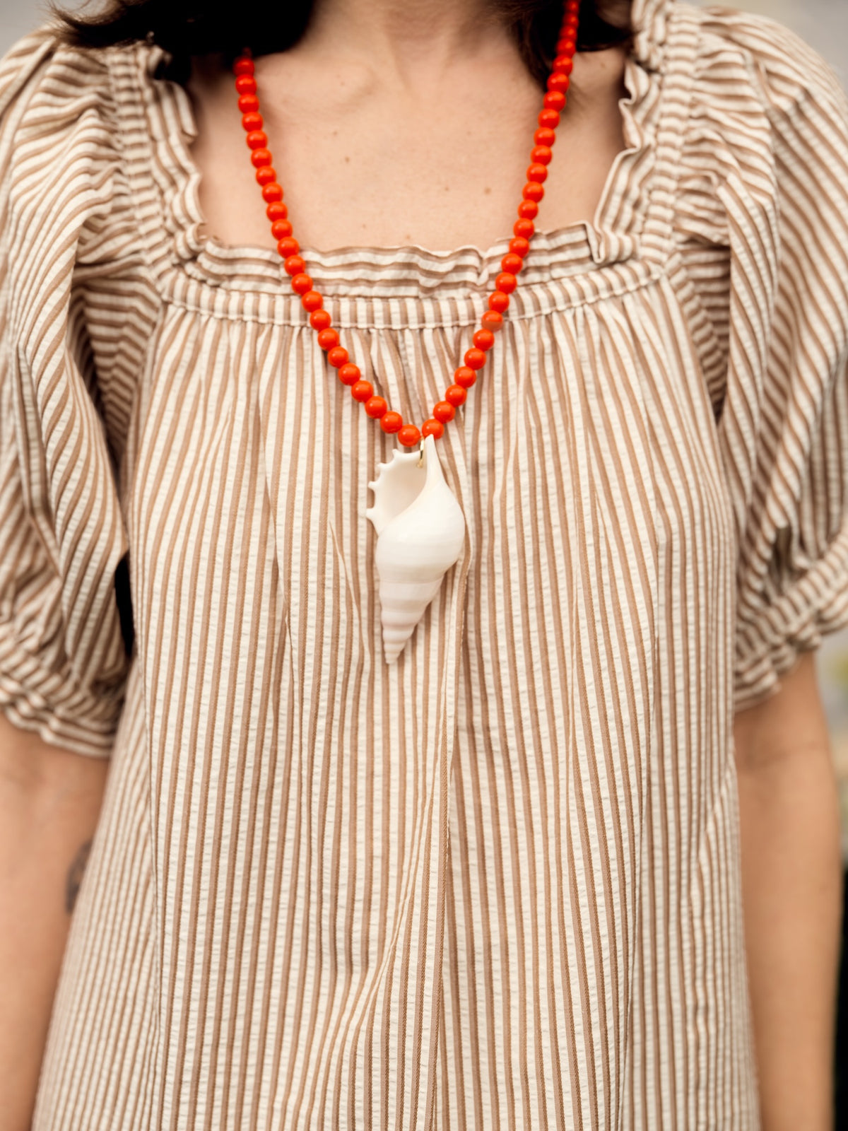 Shell Necklace with Marbled Glass Beads