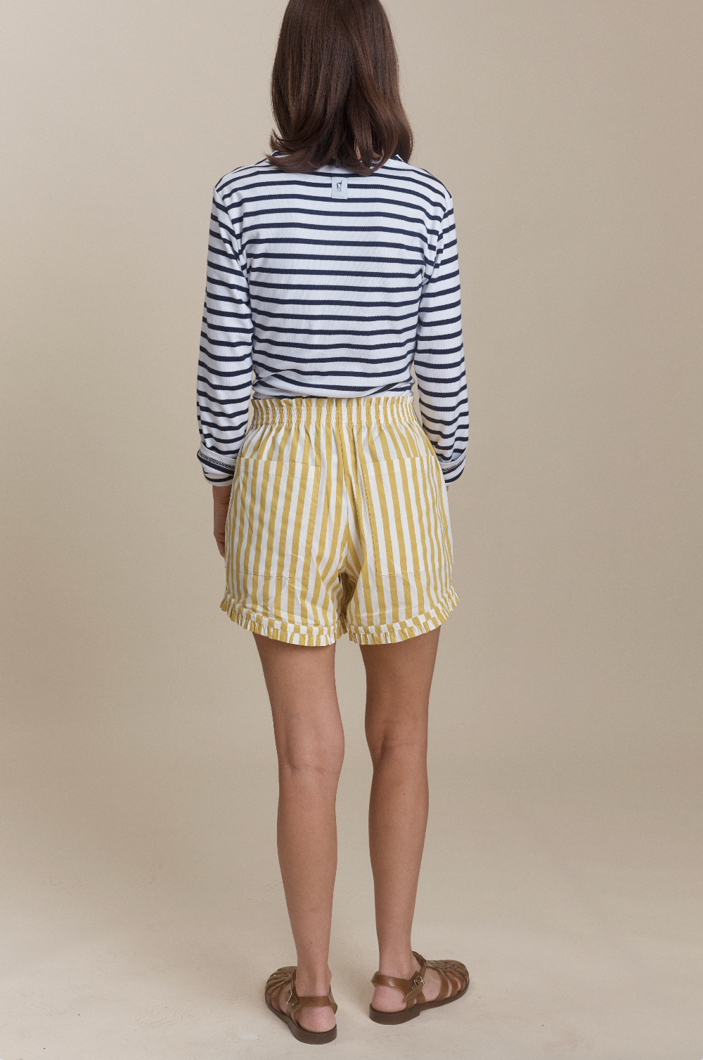 stripe poplin short with ruffle at hem and elastic waist